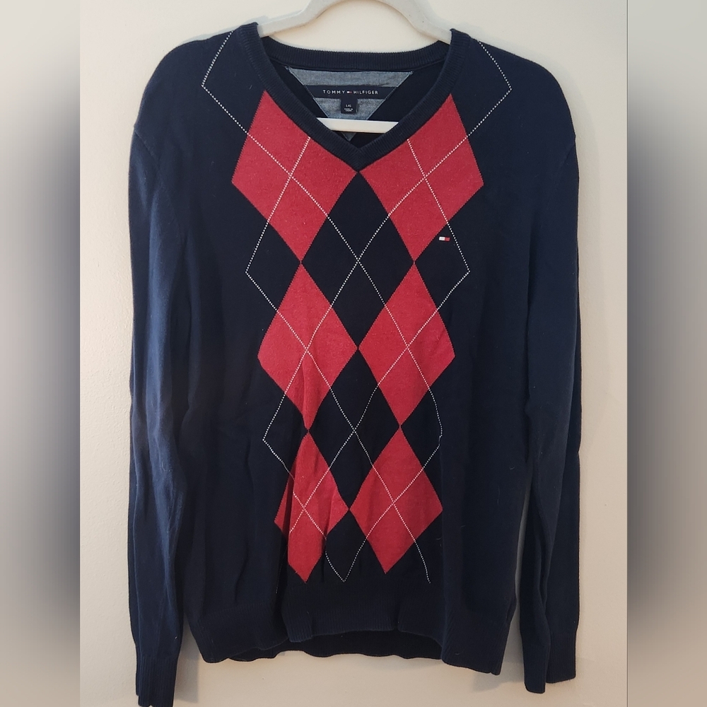 Tommy Hilfiger Men's Argyle Sweater - Red and Navy